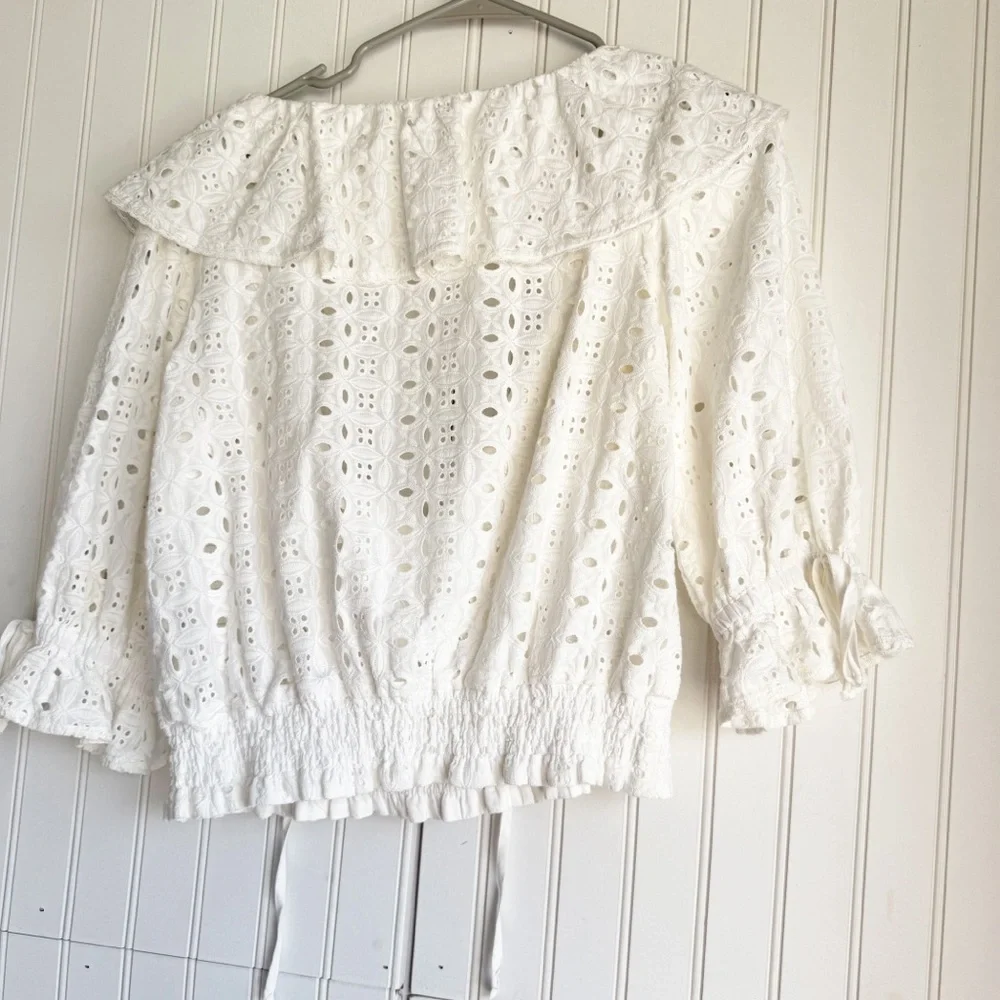 Anthropologie Porridge Size XS White Eyelet Ruffled Puff Sleeve Blouse